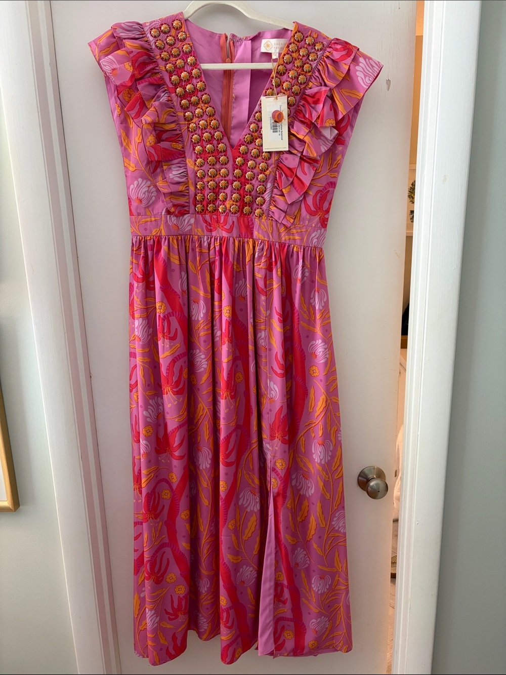 Sheridan French Bright Pink Floral Ruffle womens Dress with Embellished Bodice